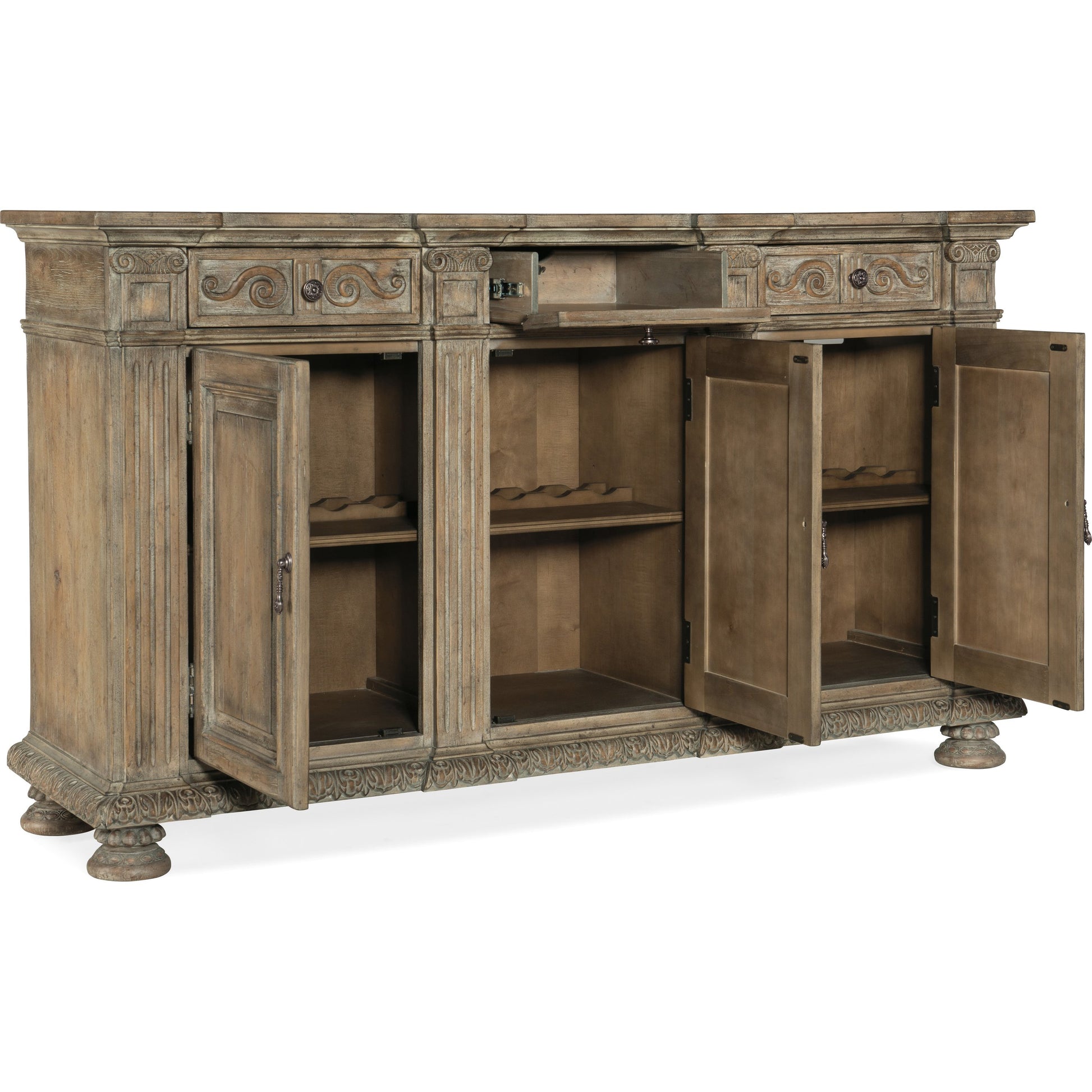 Castella Credenza by Hooker Furniture in antique slate. Made from quartered walnut, quartered black walnut, quartered ash, maple veneers in a traditional style.