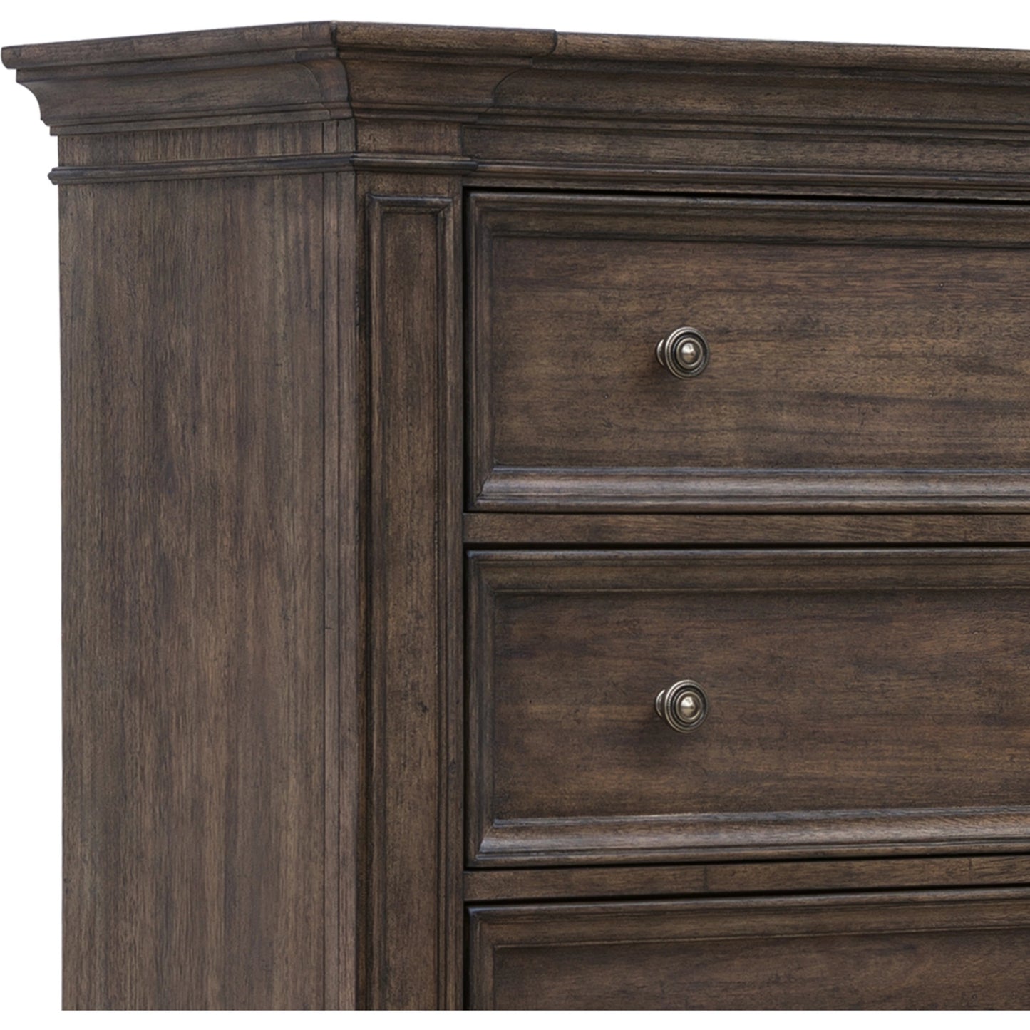 007 SI-2143489 | Closeup | Woodbury Five-Drawer Chest by Pulaski Furniture in cowboy boots brown. Made from rubberwood in a traditional style.
