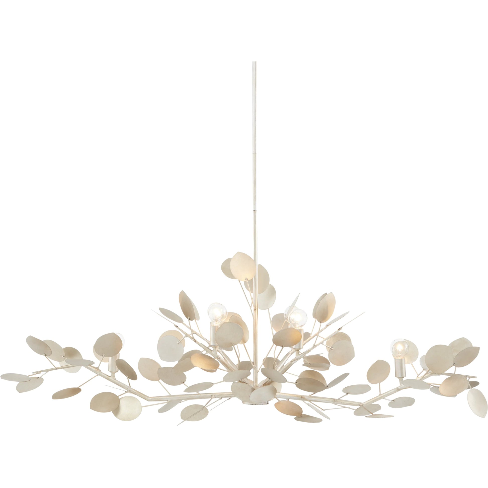 Lunaria Oval Chandelier by Currey and Company in contemporary silver leaf. Made from wrought iron in a transitional style.