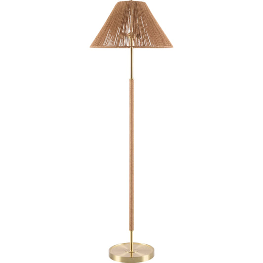 Hofu Accent Floor Lamp by Livabliss in body: gold; base: gold; shade: brown; cord: translucent and plated. Made from iron, rattan in a unique style.