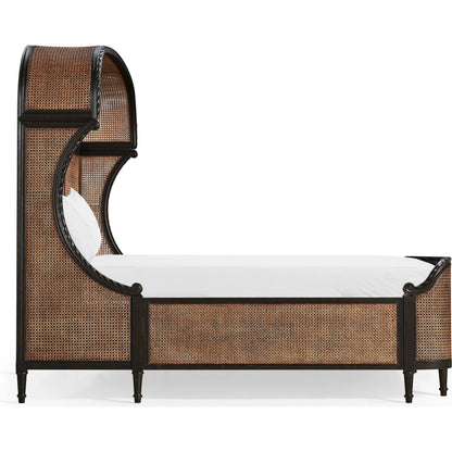 Tangiers Shelter Bed by Jonathan Charles in brown, black and ebonized oak. Made from oak solids, natural cane, flat-cut oak veneers in a rustic style.