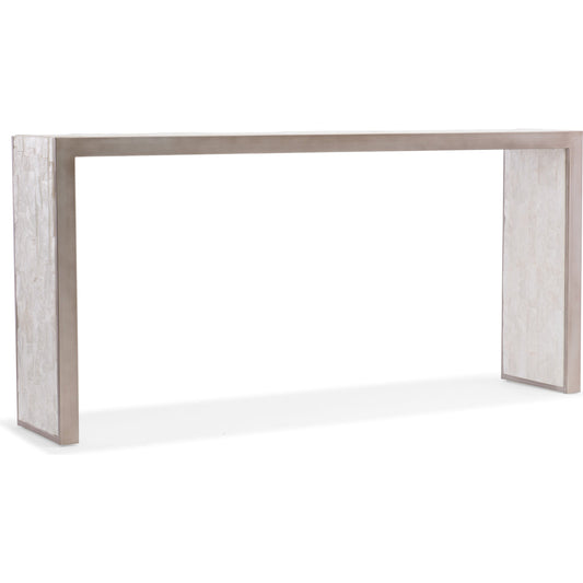 Emma Console Table by Hooker Furniture in silver leaf. Made from faux silver leaf on metal with selenite top in a modern style.