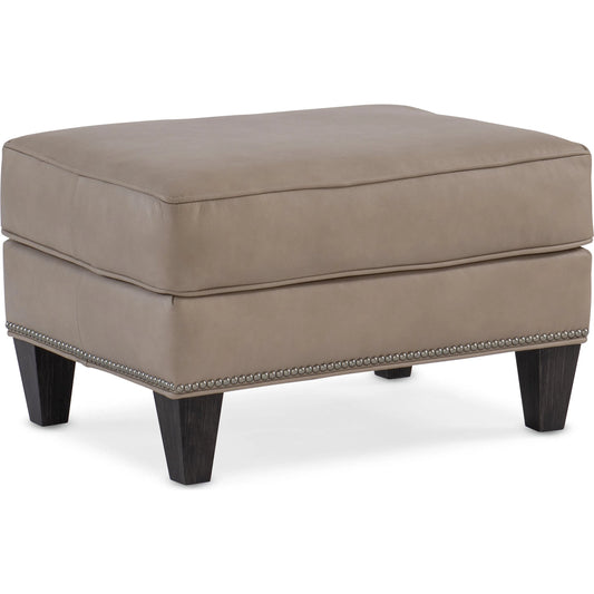 Christopher Ottoman by Bradington-Young by Hooker Furniture in stone. Made from leather in a unique style.