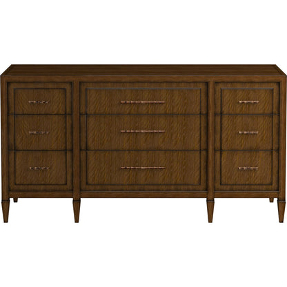 Eave 9 Drawer Dresser by A.R.T. Furniture in hazelnut. Made from poplar, parawood solids, walnut veneer in a traditional style.