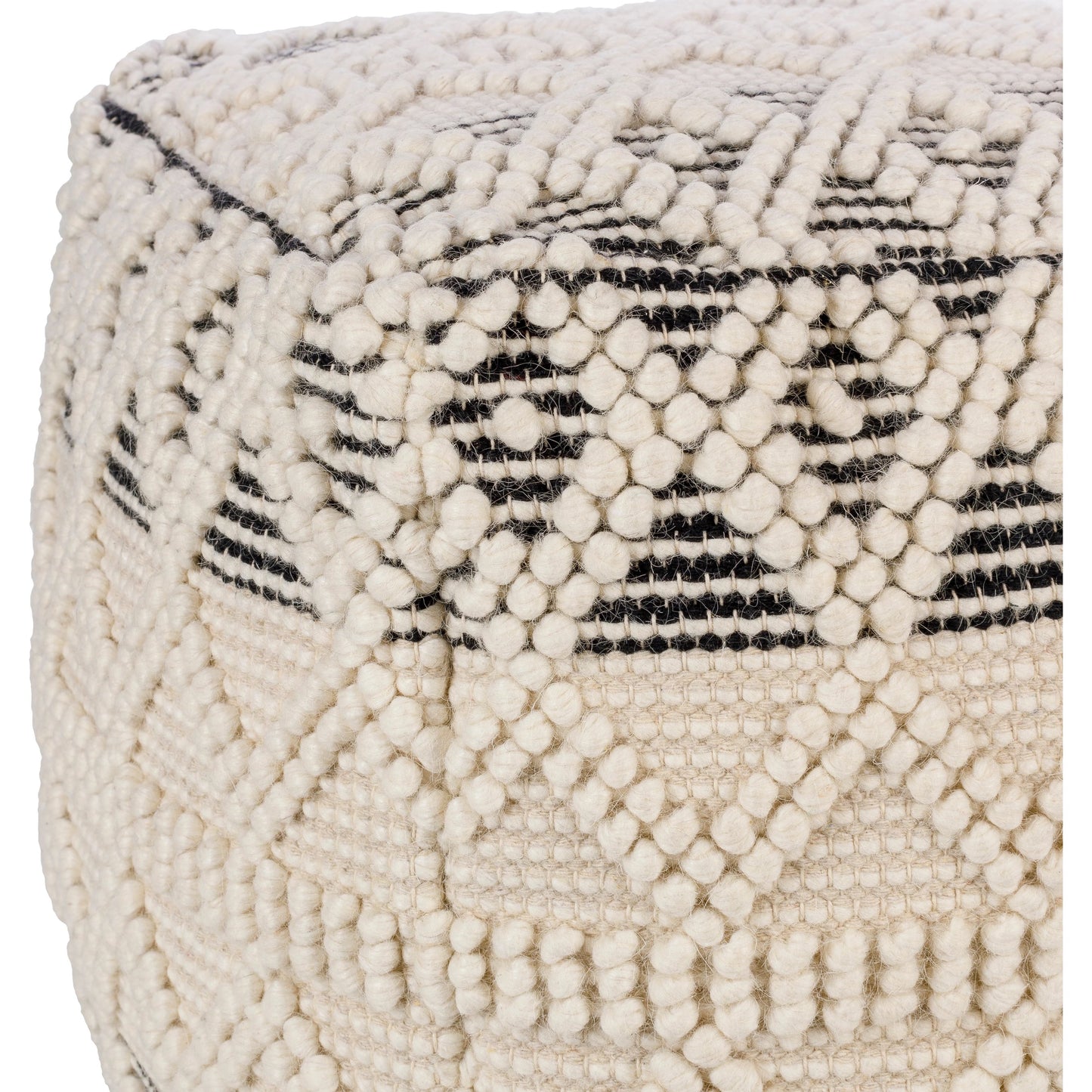 005 SI-1882684 | Closeup | Hygge - 13595 by Livabliss in black, cream. Made from 40% cotton, 30% polyester, 30% wool, 100% polybeads, 100% cotton in a eclectic & global style.