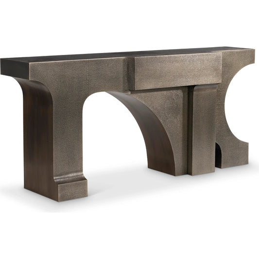 Argos Console Table by Bernhardt in aged brass. Made from metal in a rustic style.