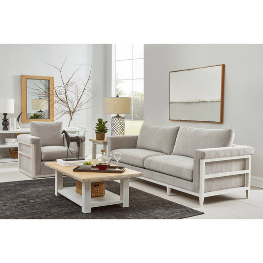 Post Rectangular Cocktail Table by A.R.T. Furniture in chestnut, accent white. Made from ash, solid pine, plank-effect flakey oak, pine veneer in a modern style.