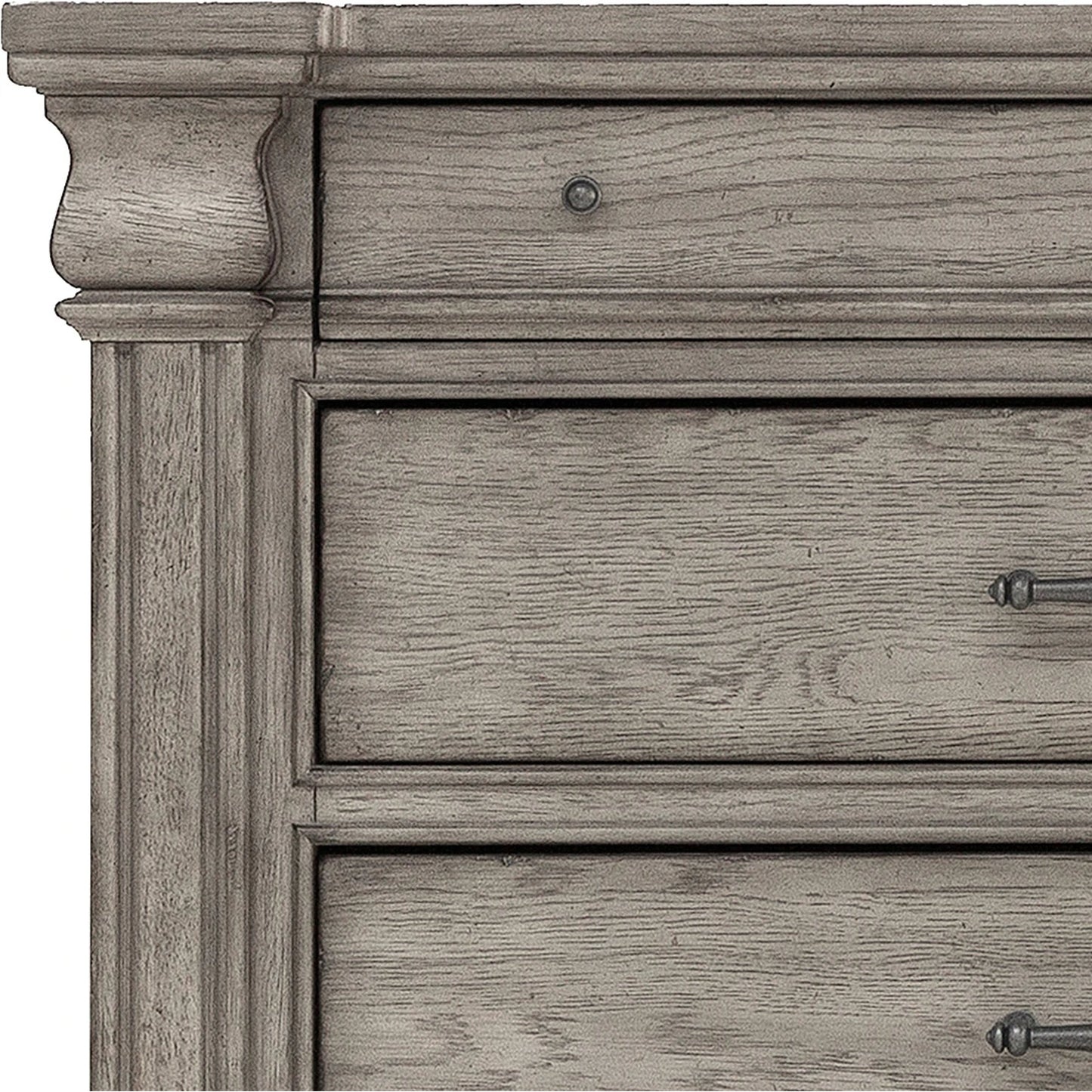 004 SI-2155606 | Closeup | Madison Ridge-Drawer Chest by Pulaski Furniture in bluff grey. Made from asian hardwood, oak veneers in a traditional style.