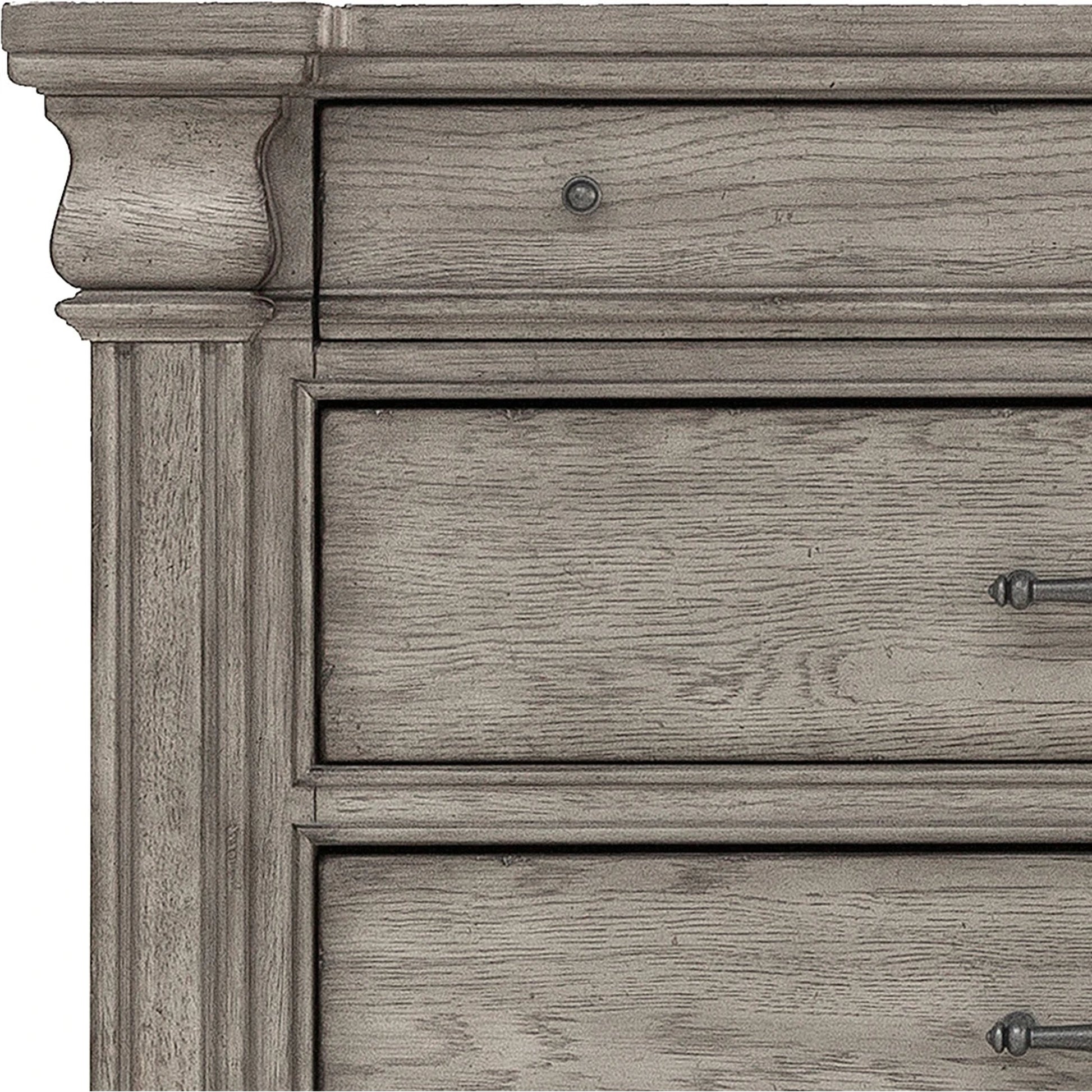 Madison Ridge-Drawer Chest by Pulaski Furniture in bluff grey. Made from asian hardwood, oak veneers in a traditional style.