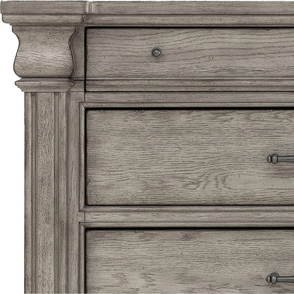 Madison Ridge-Drawer Chest by Pulaski Furniture in bluff grey. Made from asian hardwood, oak veneers in a traditional style.