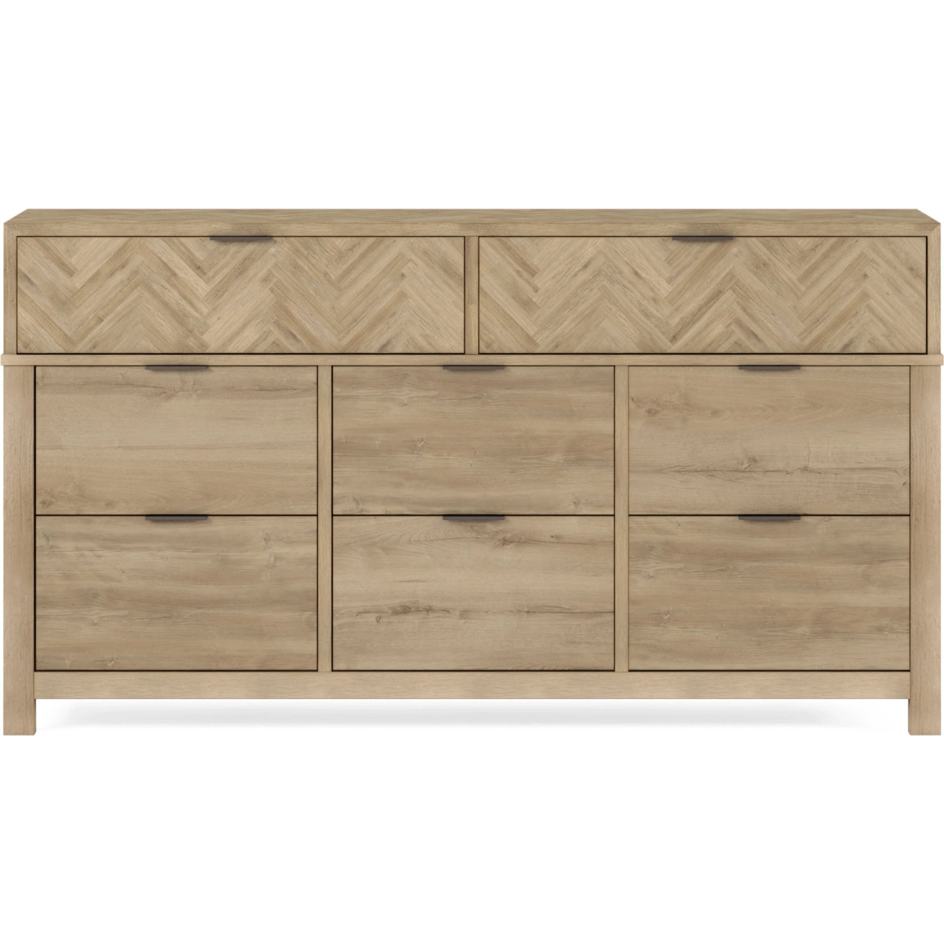Garrison Dresser by A.R.T. Furniture in washed oak, burnished brass. Made from parawood solids with ash embossing, white oak veneers, metal in a cottage & farmhouse style.