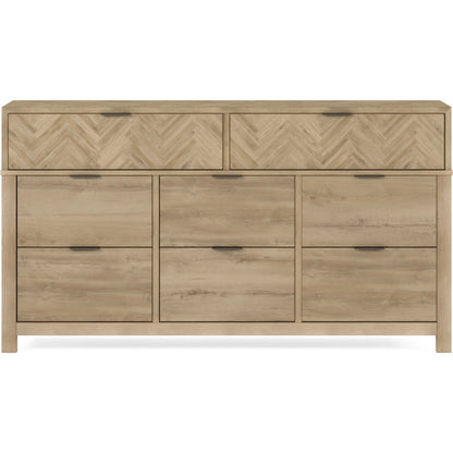 Garrison Dresser by A.R.T. Furniture in washed oak, burnished brass. Made from parawood solids with ash embossing, white oak veneers, metal in a cottage & farmhouse style.