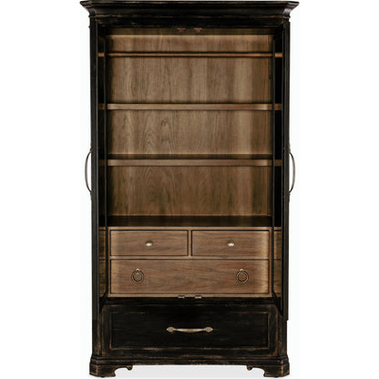 Americana Wardrobe by Hooker Furniture in black and molasses finish. Made from oak veneers in a cottage & farmhouse style.