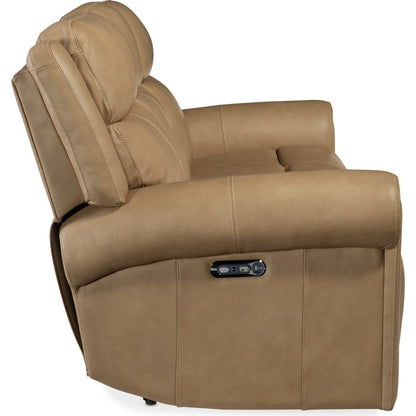 Oberon Zero Gravity Power Sofa by Hooker Furniture in caruso sand. Made from leather in a traditional style.