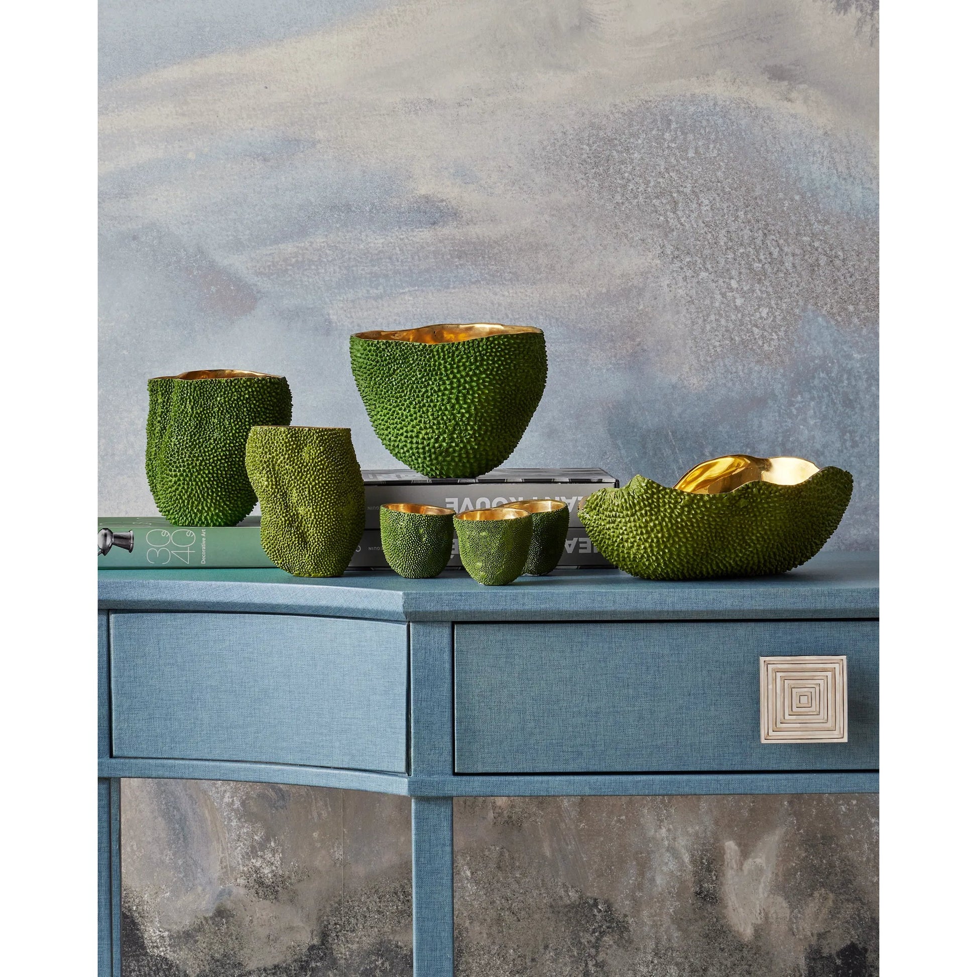 Jackfruit Vase by Currey and Company in green, gold. Made from bronze in a coastal style.