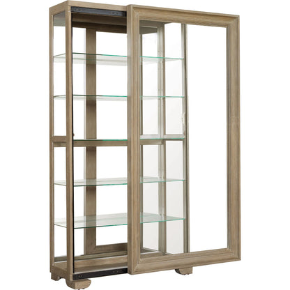 Light Wood Modern 5-Shelf Sliding Door Curio with LED Light by Pulaski Furniture in parchment. Made from ash wood veneers in a transitional style.