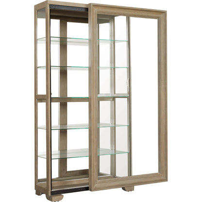 Light Wood Modern 5-Shelf Sliding Door Curio with LED Light by Pulaski Furniture in parchment. Made from ash wood veneers in a transitional style.