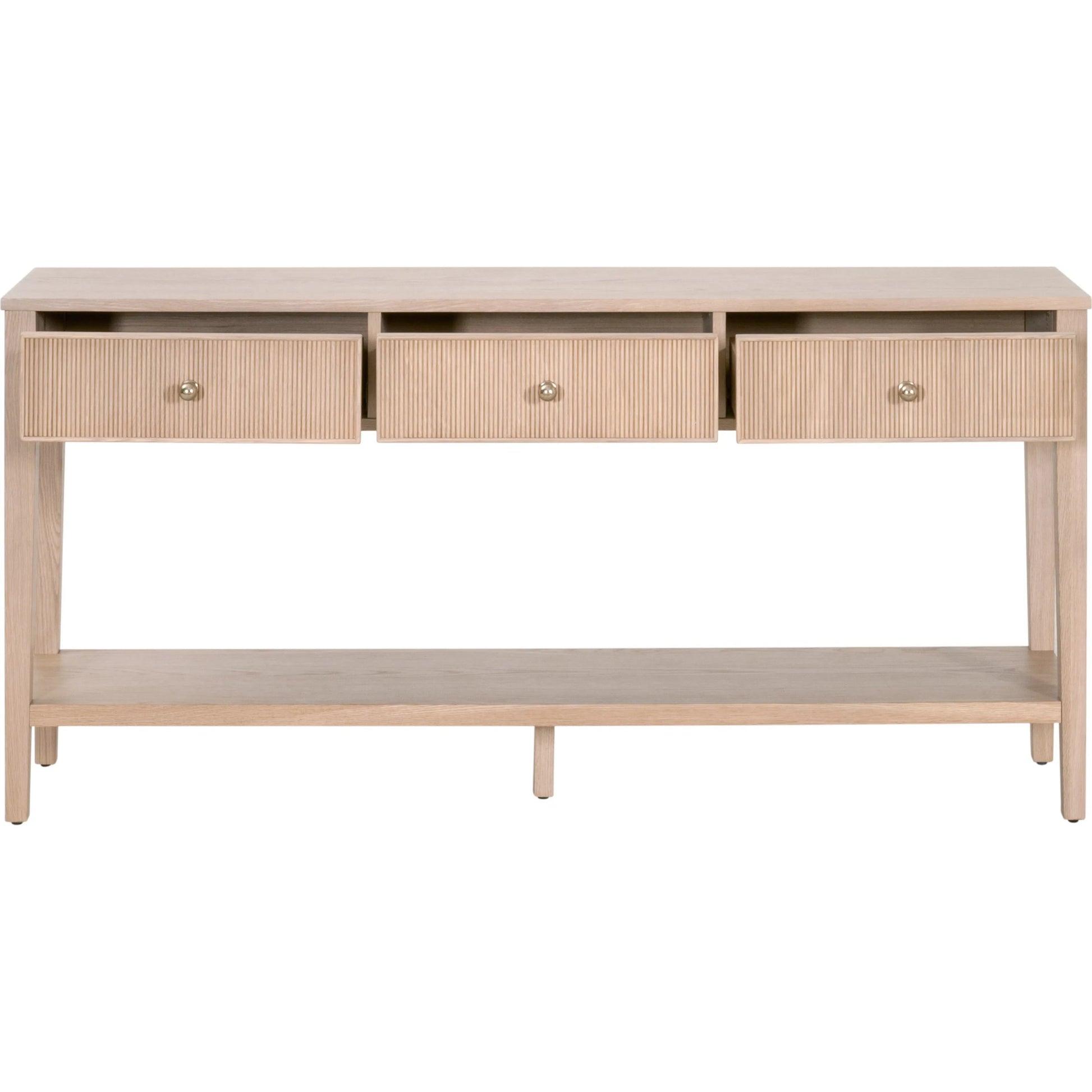 Highland Console Table by Essentials For Living in natural oak. Made from solid oak wood, mdf, oak veneer, iron in a transitional style.