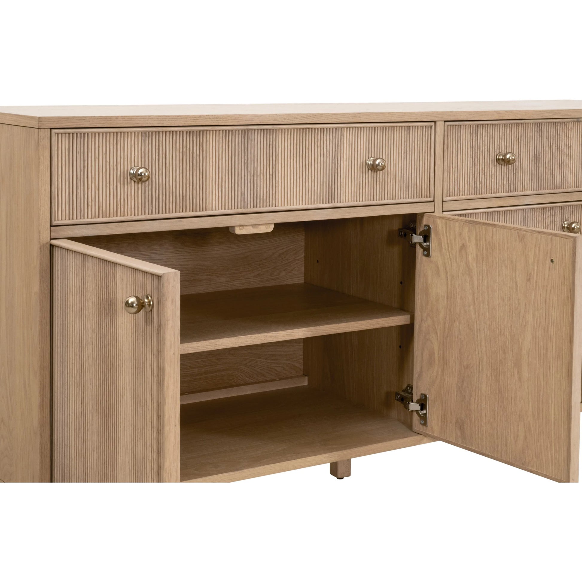 Highland Media Sideboard by Essentials For Living in natural oak. Made from solid oak wood, oak veneer, iron, felt in a transitional style.