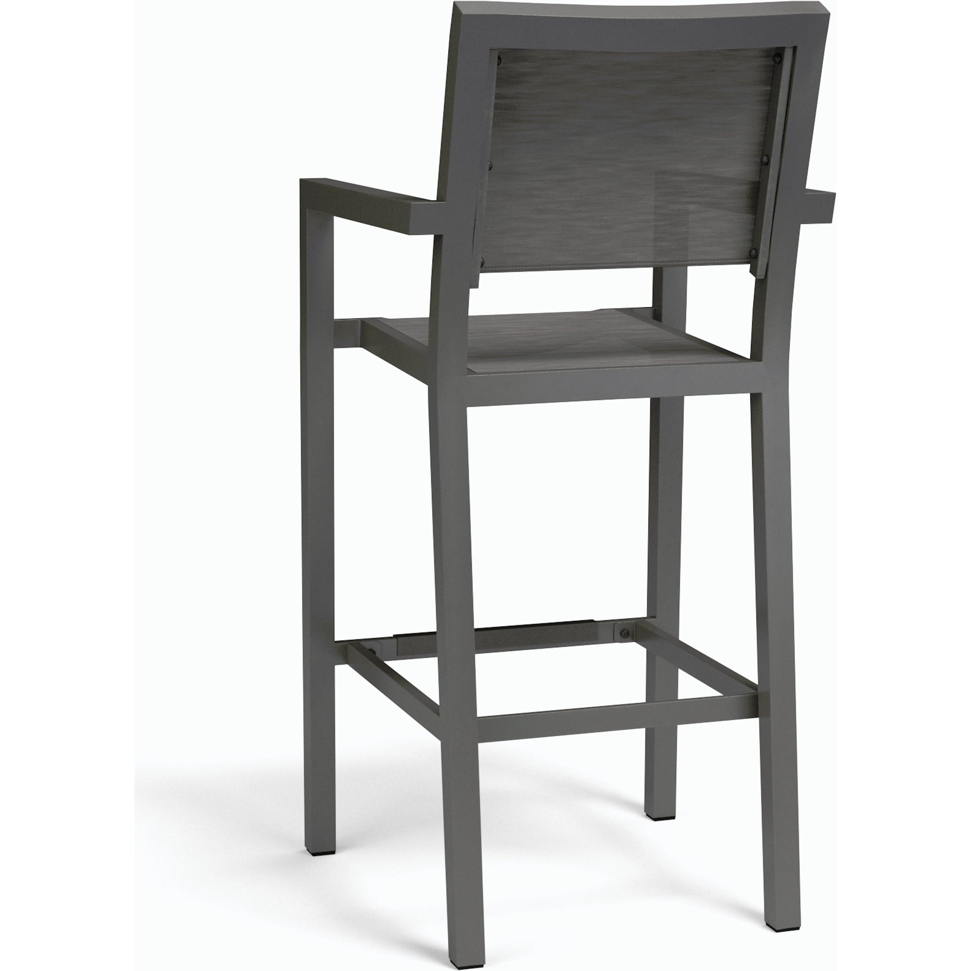 Vegas Outdoor Sling Barstool by Sunset West in graphite. Made from aluminum in a modern style.