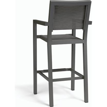 Vegas Outdoor Sling Barstool by Sunset West in graphite. Made from aluminum in a modern style.