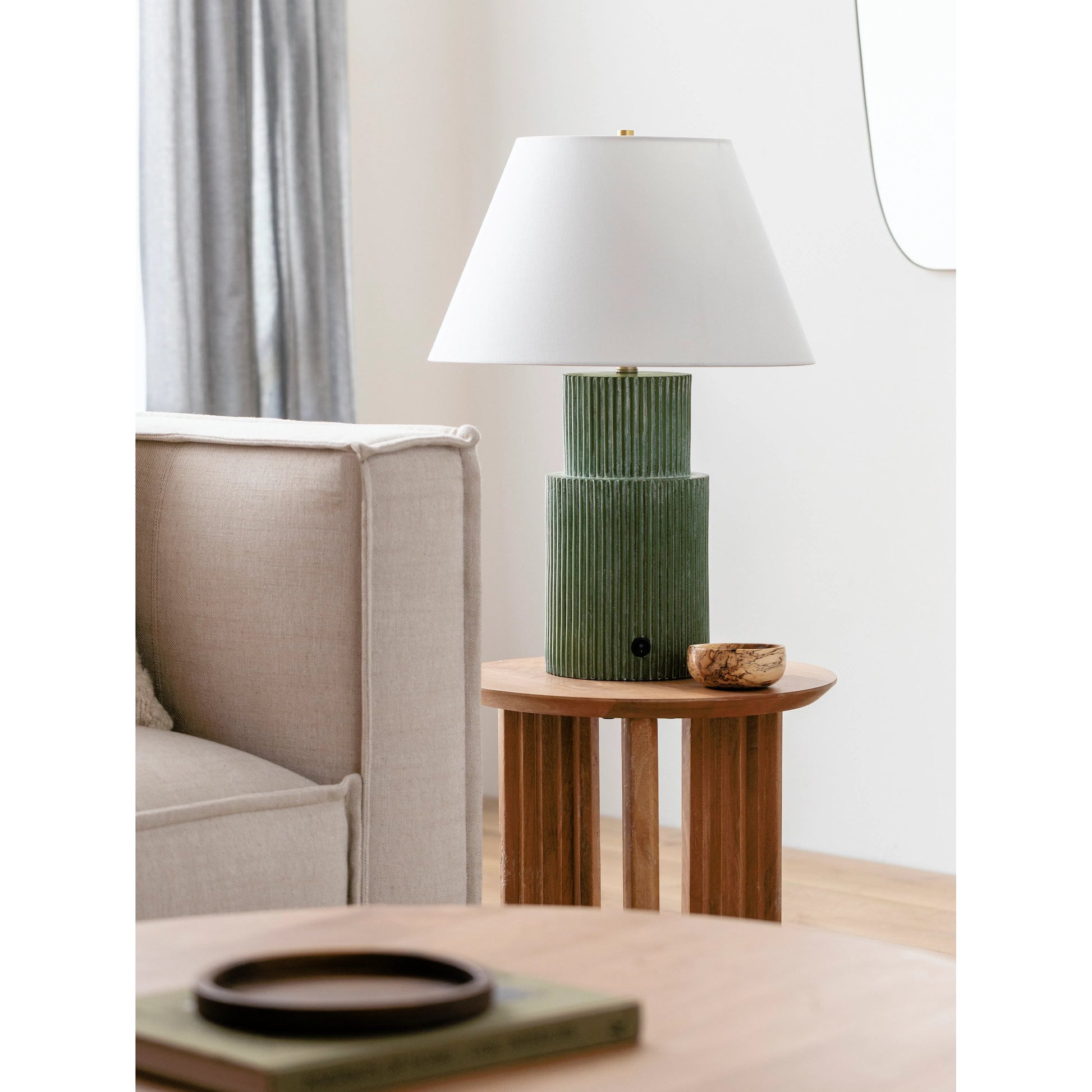 Hikari Accent Table Lamp - 524543 by Surya in body: dark green, cord: translucent and paintedplated. Made from resin, linen, iron in a modern style.