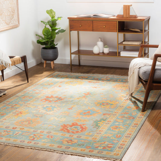 Hillcrest Rug - 27878 by Surya in sage, rust, teal, charcoal, light olive, wheat. Made from 90% new zealand wool, 10% viscose in a unique style.