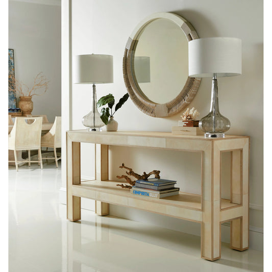Hydra Console Table by Jonathan Charles in parchment oak. Made from oak, oak veneer, brass, vellum in a unique style.