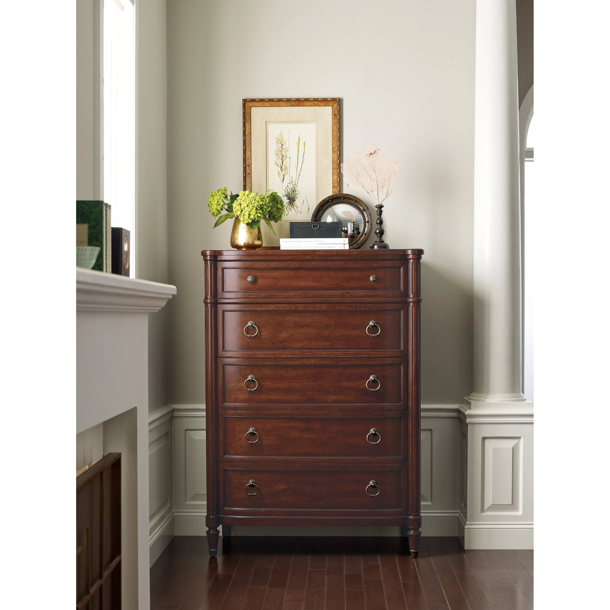 Charleston Five-Drawer Chest by Hooker Furniture. Made from cherry veneers, cedar, metal, solid-wood edge top in a transitional style.
