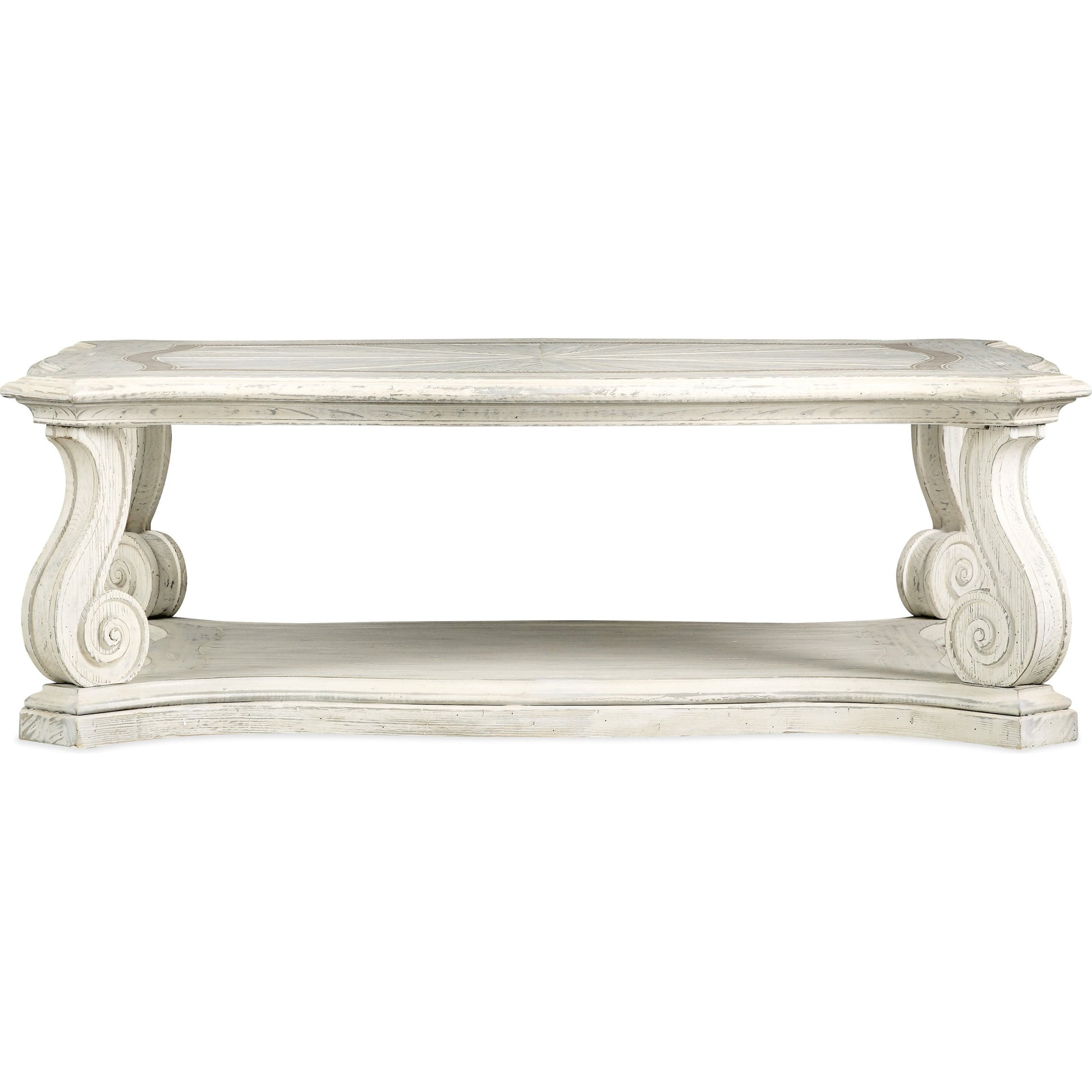 Traditions Vintage Rectangle Cocktail Table by Hooker Furniture in dark wood. Made from pine, oak, maple veneers with resin, solid-wood edge top in a cottage & farmhouse style.