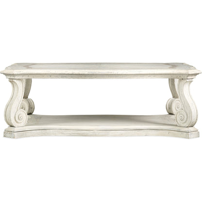 Traditions Vintage Rectangle Cocktail Table by Hooker Furniture in dark wood. Made from pine, oak, maple veneers with resin, solid-wood edge top in a cottage & farmhouse style.