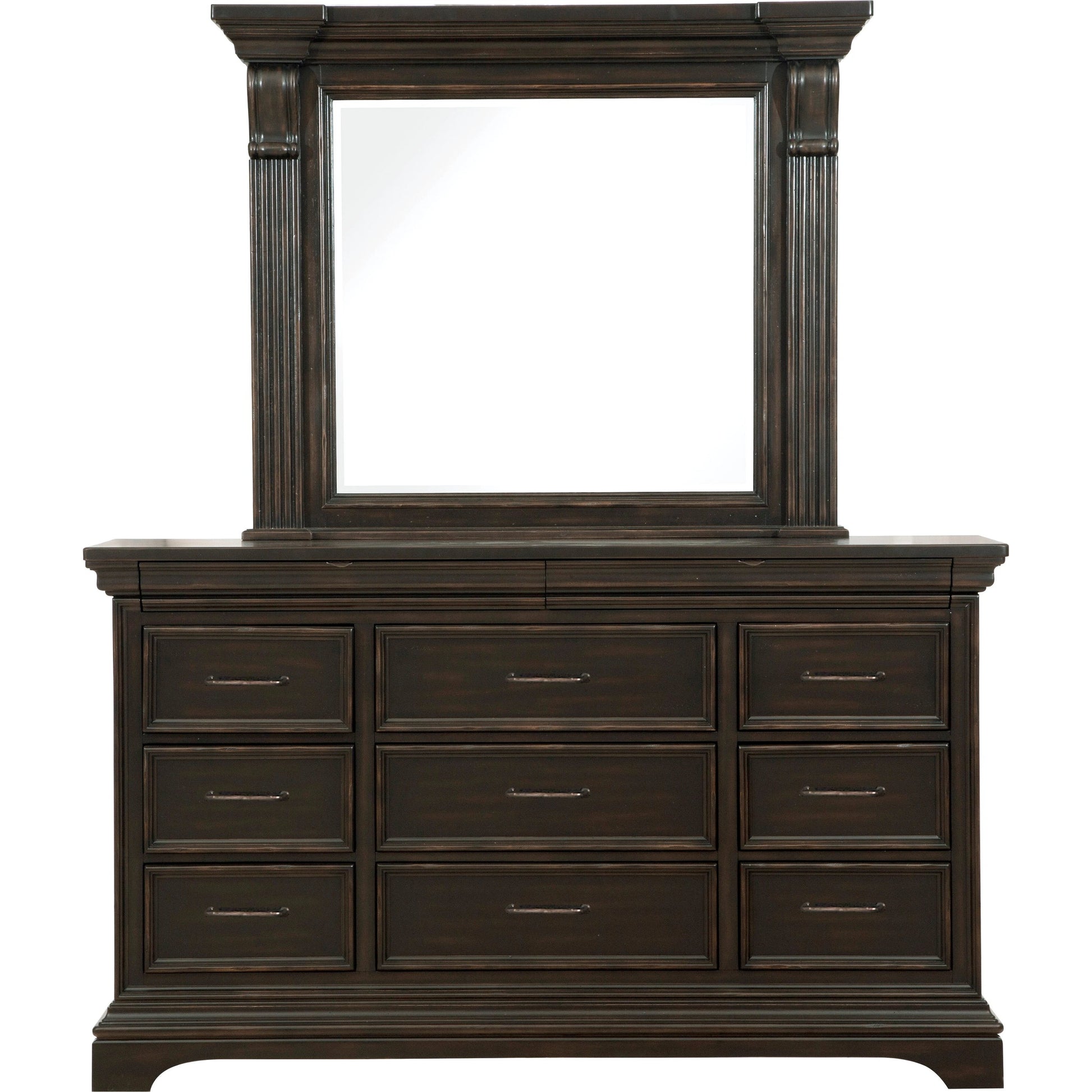 Caldwell Dresser by Pulaski Furniture in deep brown. Made from acacia veneers, asian hardwood in a traditional style.
