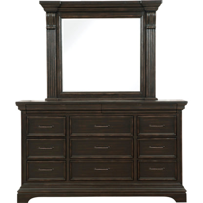 Caldwell Dresser/Mirror by Pulaski Furniture in deep brown. Made from acacia veneers, asian hardwood in a traditional style.