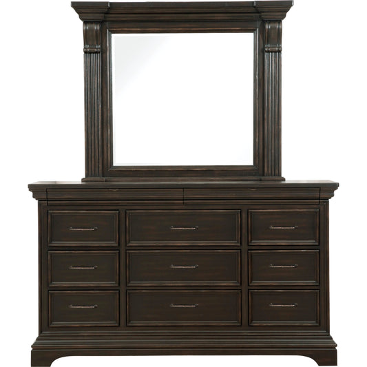 001 SI-2155451 | Primary Silo | Caldwell Dresser/Mirror by Pulaski Furniture in deep brown. Made from acacia veneers, asian hardwood in a traditional style.