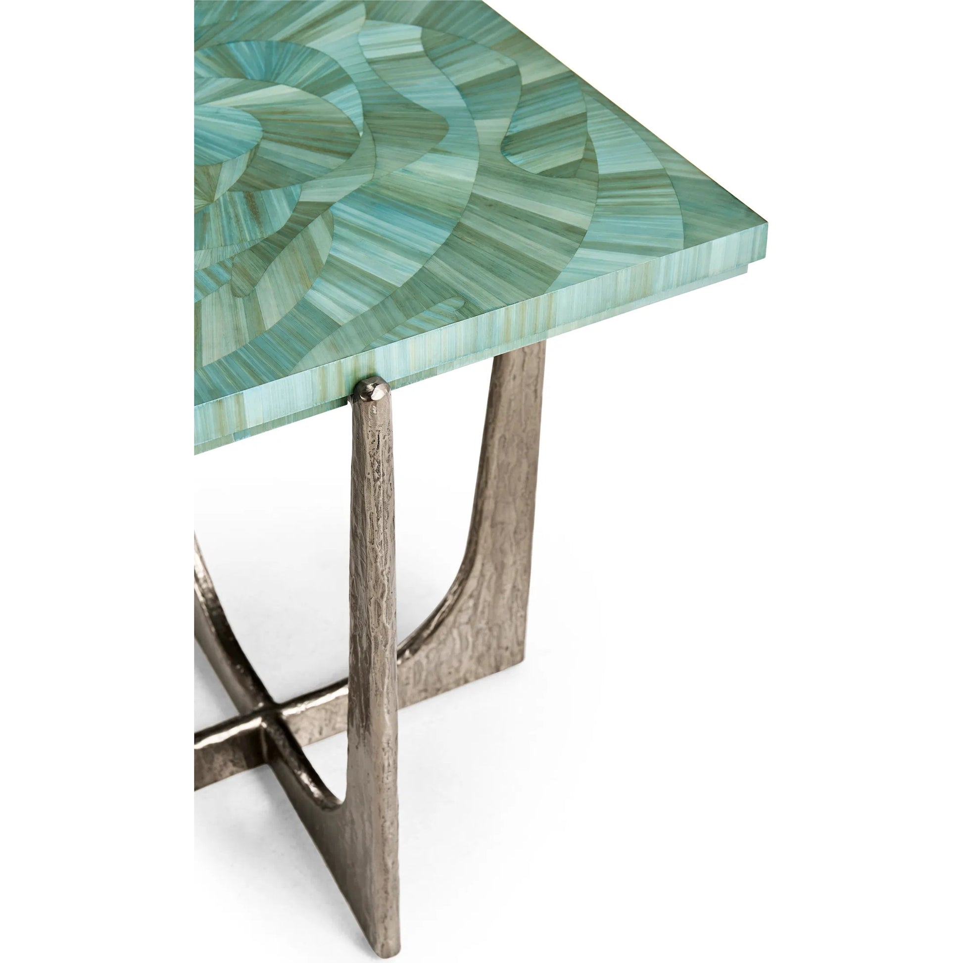 Seaglass End Table by Jonathan Charles in blue and blue straw. Made from stainless steel, plywood, straw in a eclectic & global style.
