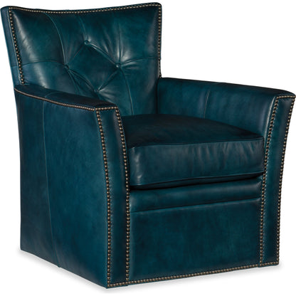 Conner Swivel Club Chair by Hooker Furniture in brown and heavy metal gamma. Made from leather in a traditional style.