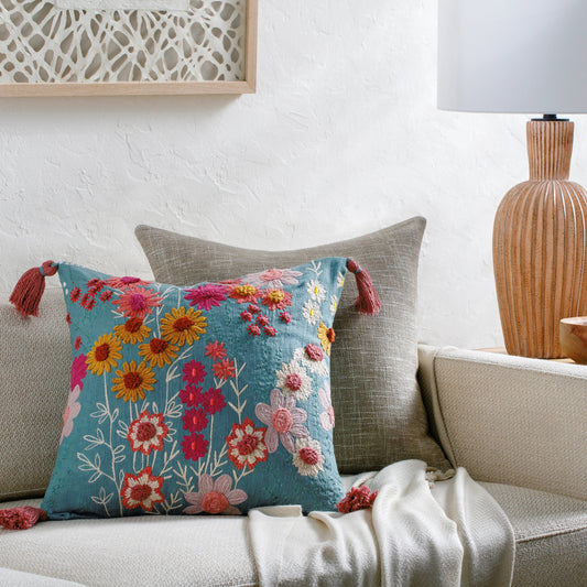 Hannah Kate Pillow - 493875 by Surya in dusty blue, mustard yellow, coral, blush pink, burgundy, cream, olive green. Made from front: 100% cotton, back: 100% cotton in a mo