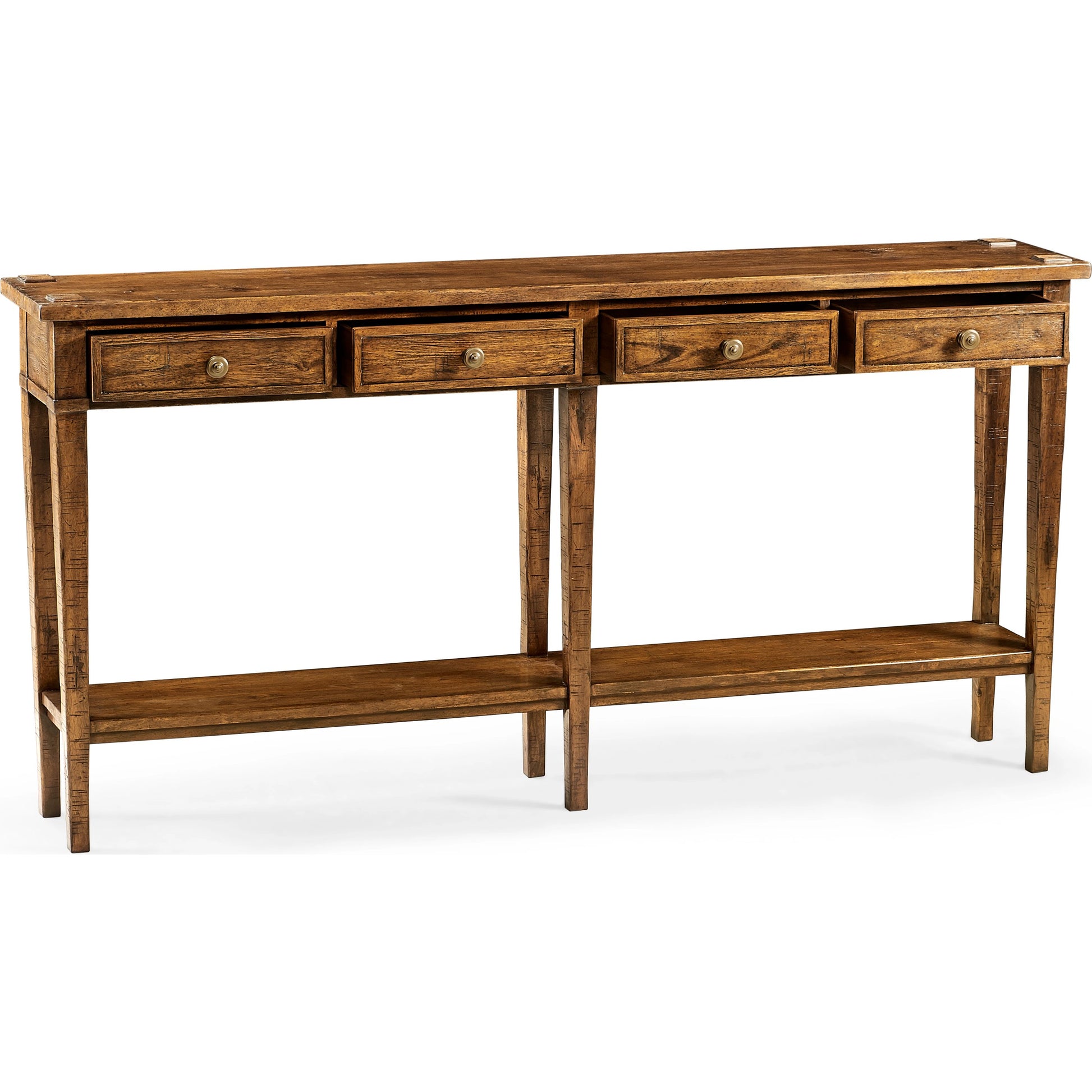 Casual Accents Country Walnut 4 Drawer Console Table by Jonathan Charles in brown and country farmhouse walnut. Made from acacia in a traditional style.