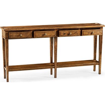 Casual Accents Country Walnut 4 Drawer Console Table by Jonathan Charles in brown and country farmhouse walnut. Made from acacia in a traditional style.