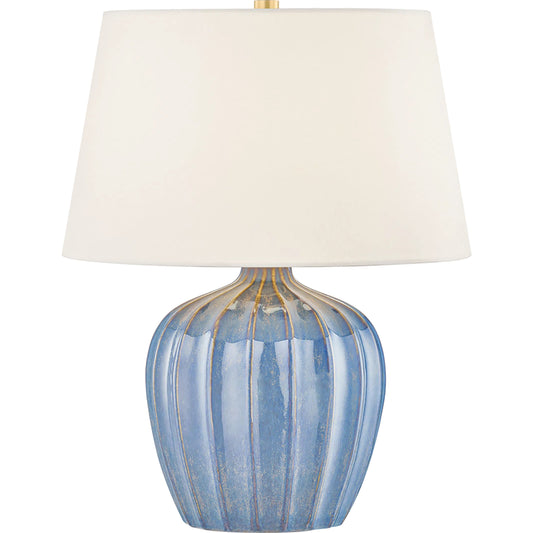 Myla Table Lamp by Mitzi in aged brass, ceramic spring lake. Made from ceramic in a unique style.