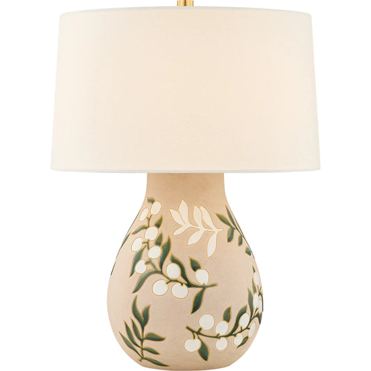Maeve Table Lamp by Mitzi in aged brass, ceramic maybell motif. Made from unique in a unique style.