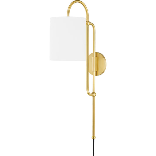 Caroline 1 Light Portable Wall Sconce by Mitzi in aged brass. Made from iron in a modern style.