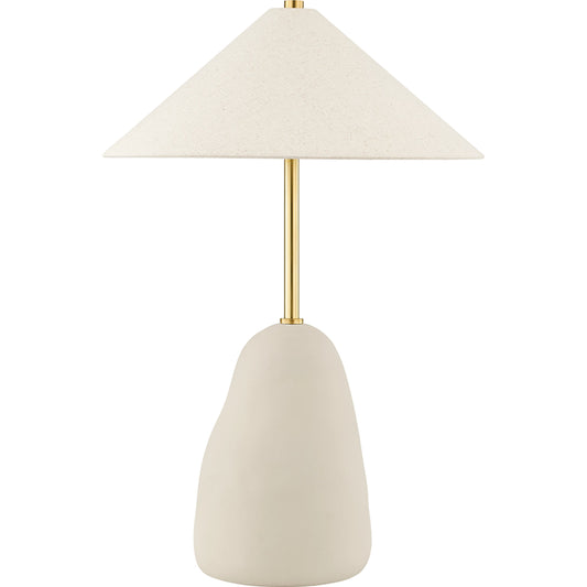 Maia Table Lamp by Mitzi in aged brass, ceramic textured beige. Made from ceramic in a modern style.