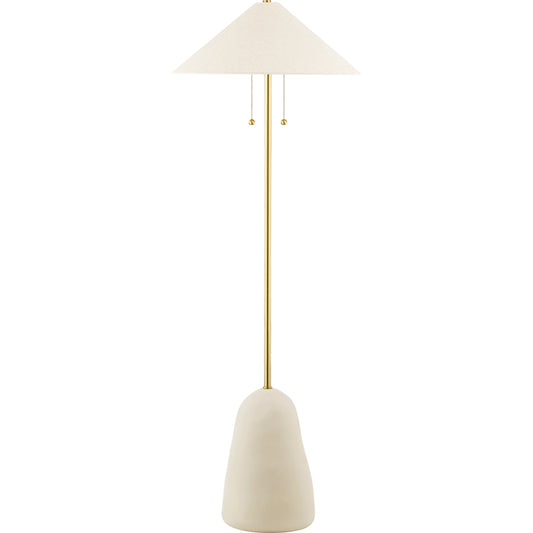 Maia Floor Lamp by Mitzi in aged brass, ceramic textured beige. Made from ceramic in a modern style.
