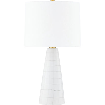 Melinda Table Lamp by Mitzi in aged brass, ceramic satin white. Made from ceramic in a unique style.