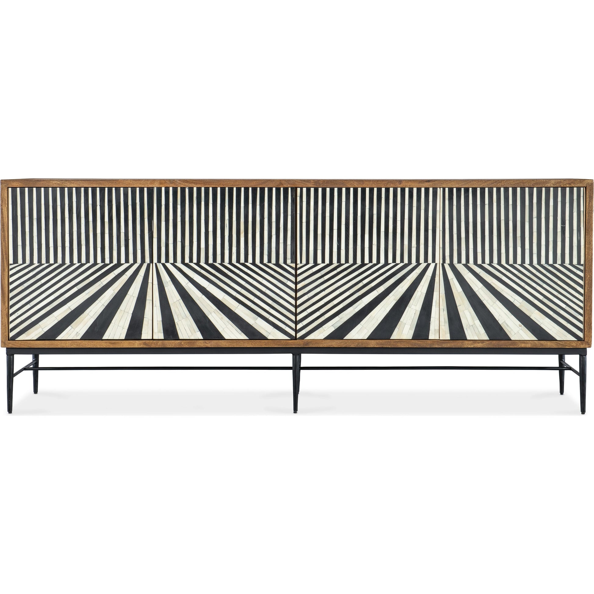 Commerce and Market Linear Perspective Credenza by Hooker Furniture in medium wood, black & white bone inlay. Made from mango solids, bone, iron in a modern style.