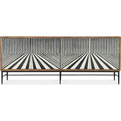 Commerce and Market Linear Perspective Credenza by Hooker Furniture in medium wood, black & white bone inlay. Made from mango solids, bone, iron in a modern style.