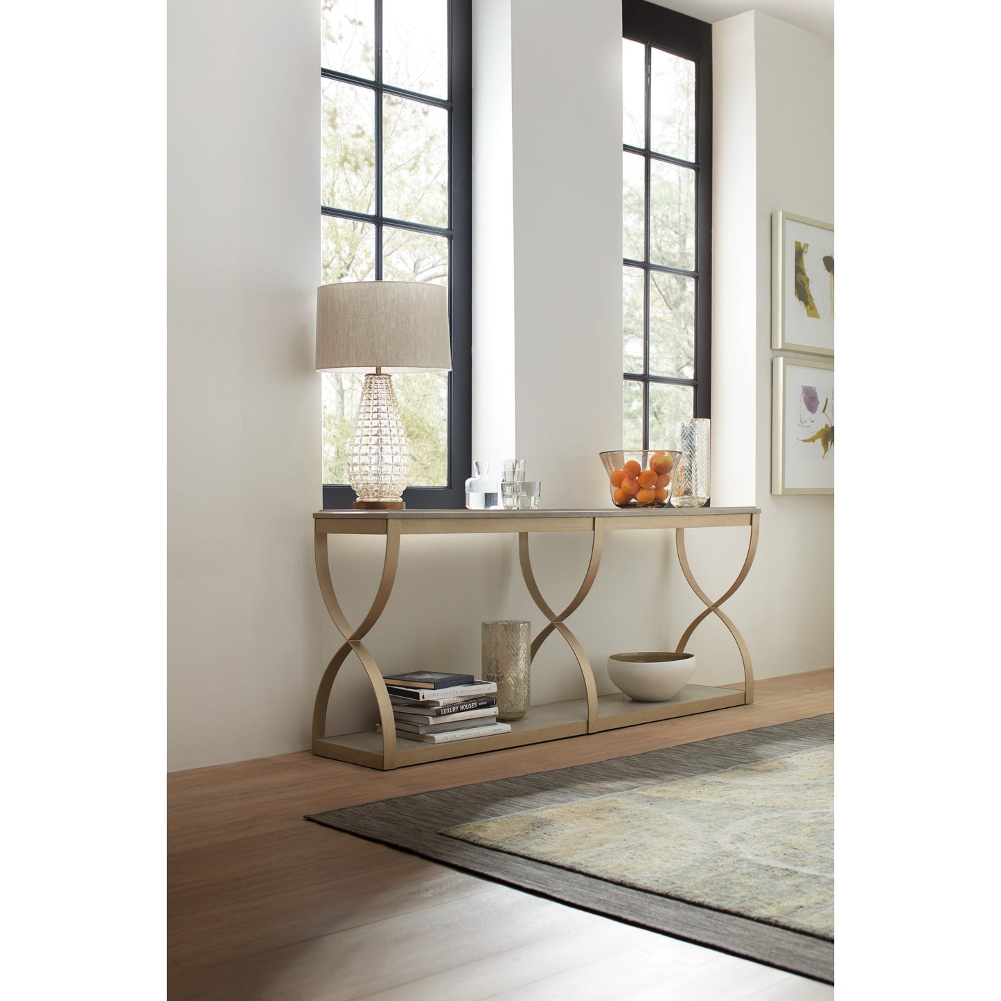 003 SI-1748830 | Lifestyle | Elixir Console Table by Hooker Furniture in champagne silver. Made from basswood veneers, metal in a modern style.