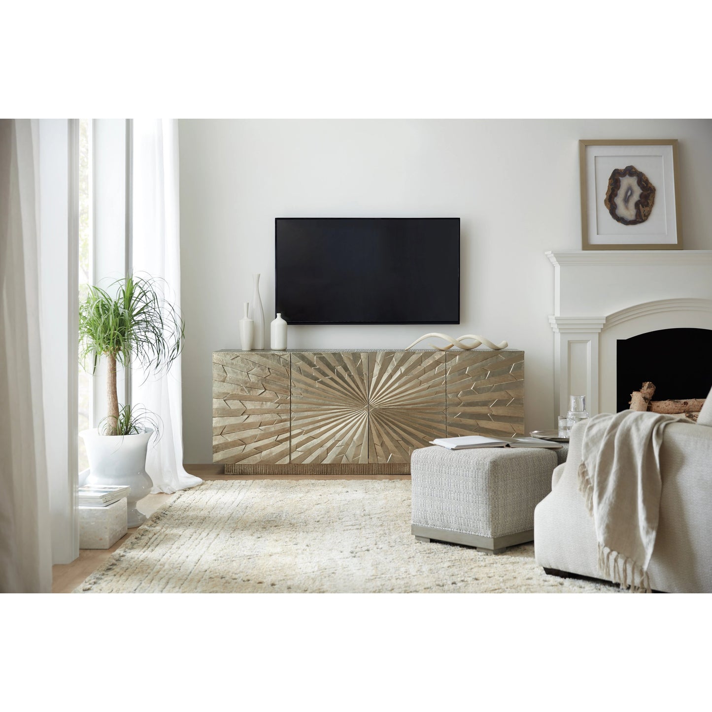 004 SI-1748402 | Lifestyle | Big Bang Entertainment Console by Hooker Furniture in silver foil. Made from mango solids with german silver foil in a eclectic & global style.