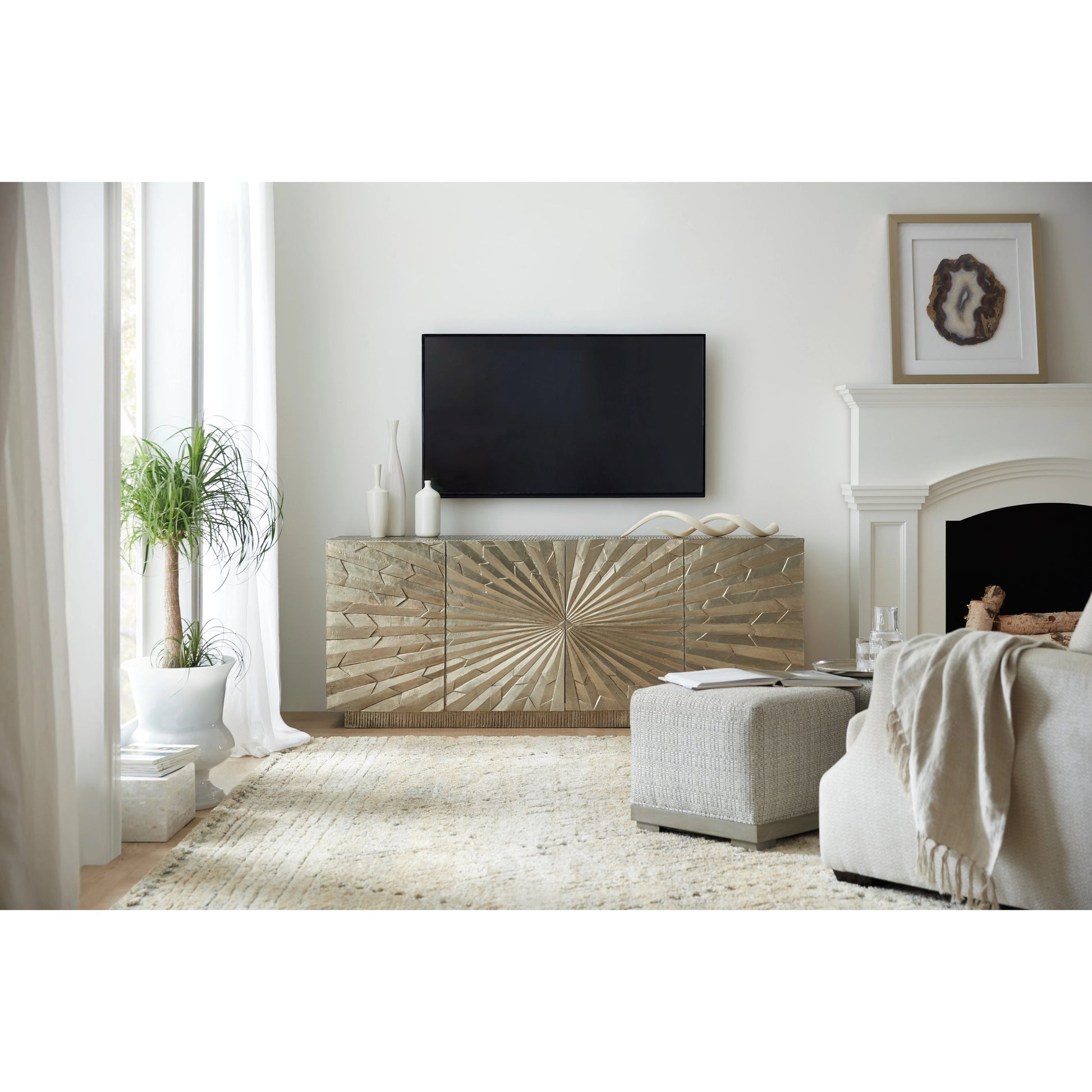 Big Bang Entertainment Console by Hooker Furniture in silver foil. Made from mango solids with german silver foil in a eclectic & global style.